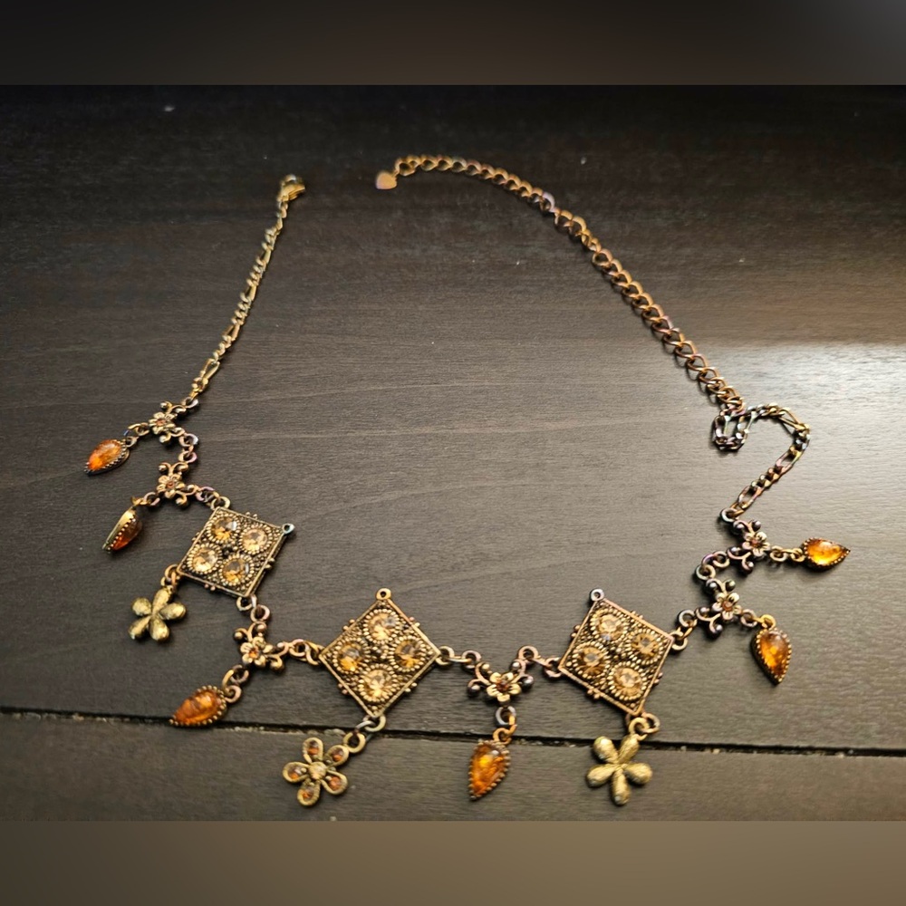 Elegant Brass & Orange Gemstone Floral Necklace